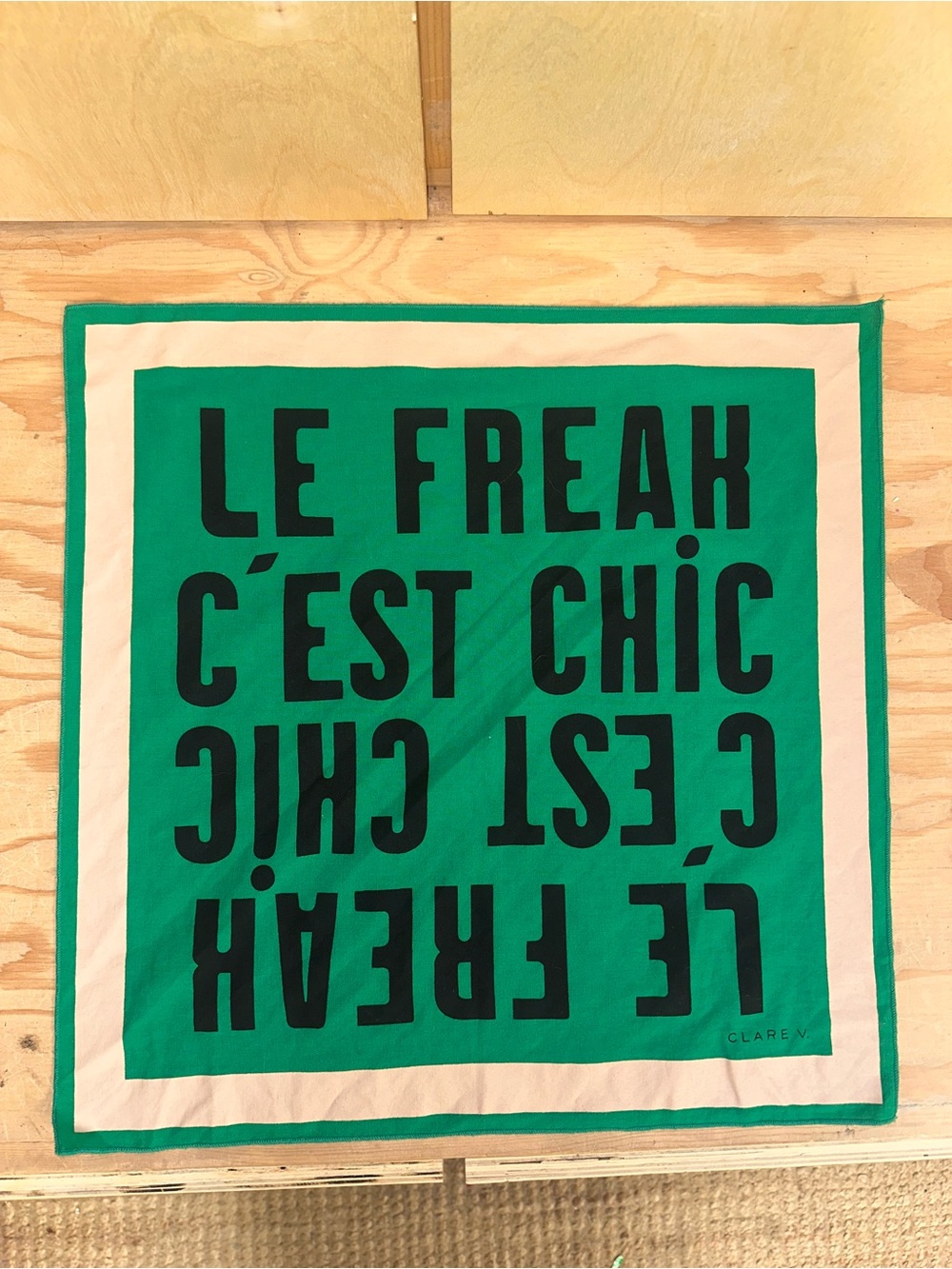 Green & Cream Graphic Square Scarf Bandana - "Le Freak C'est Chic"